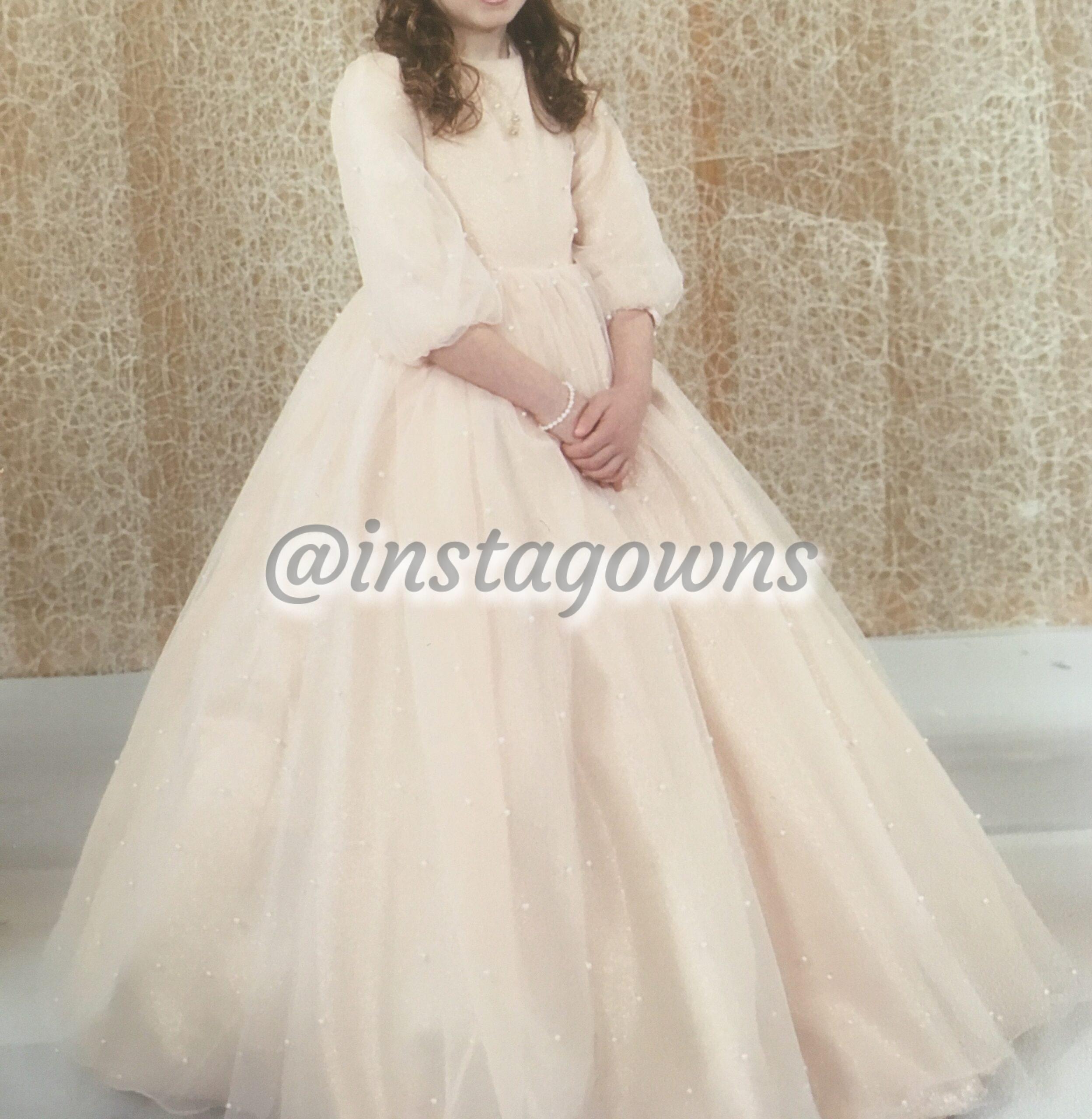 Beautiful Classy Custom made Full Pink with Pearls Scattered Little Girls Gown for Sale