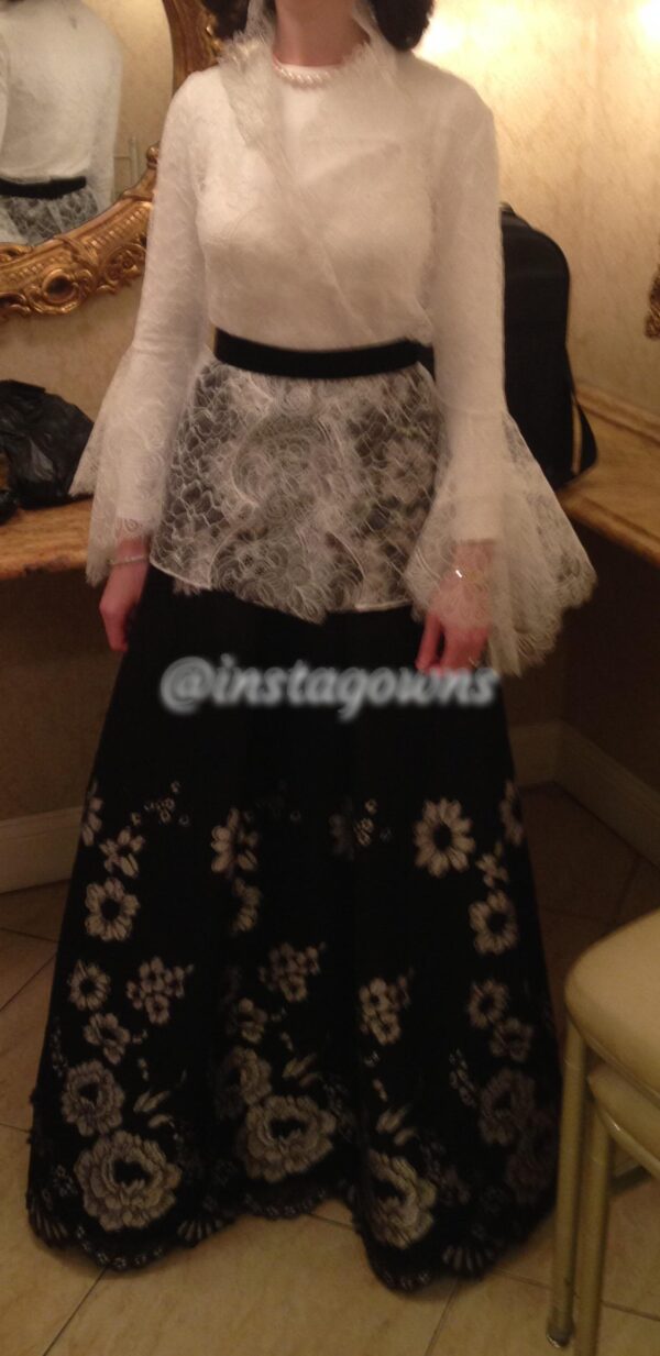 Stunning Oscar white lace top/ custom black/silver skirt Gown for sale