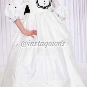 Elegant Custom Winter White Trimmed with Black Velvet Girls Gown for Sale