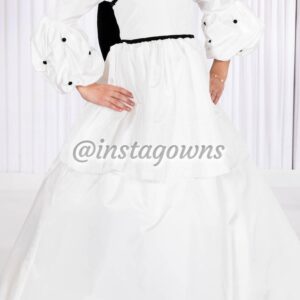 Elegant Custom Winter White Trimmed with Black Velvet Girls Gown for Sale