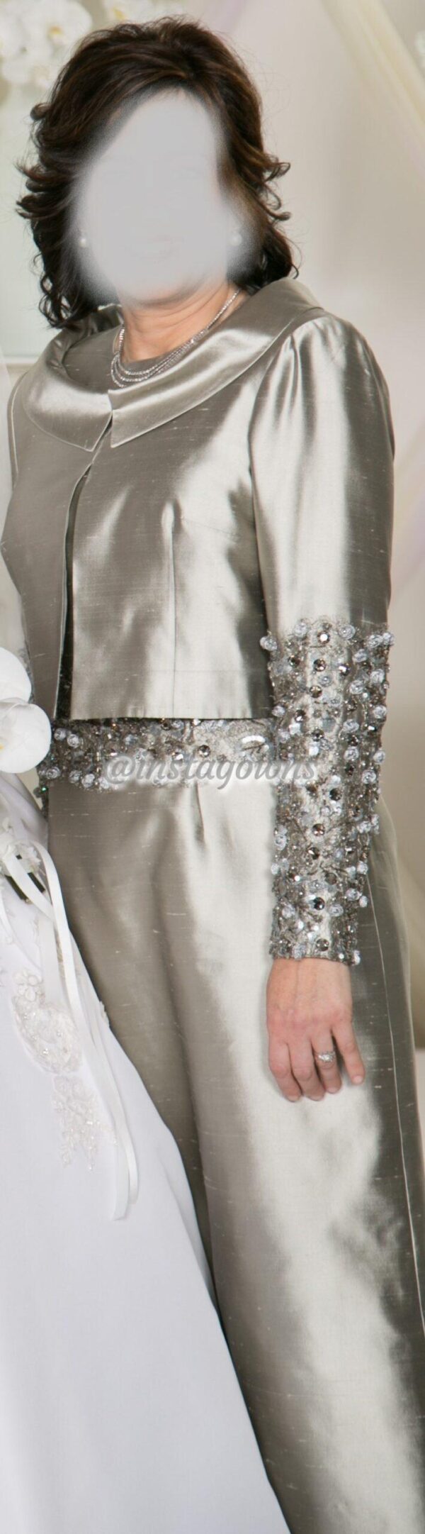 Pewter silk with designer beaded lace gown for sale