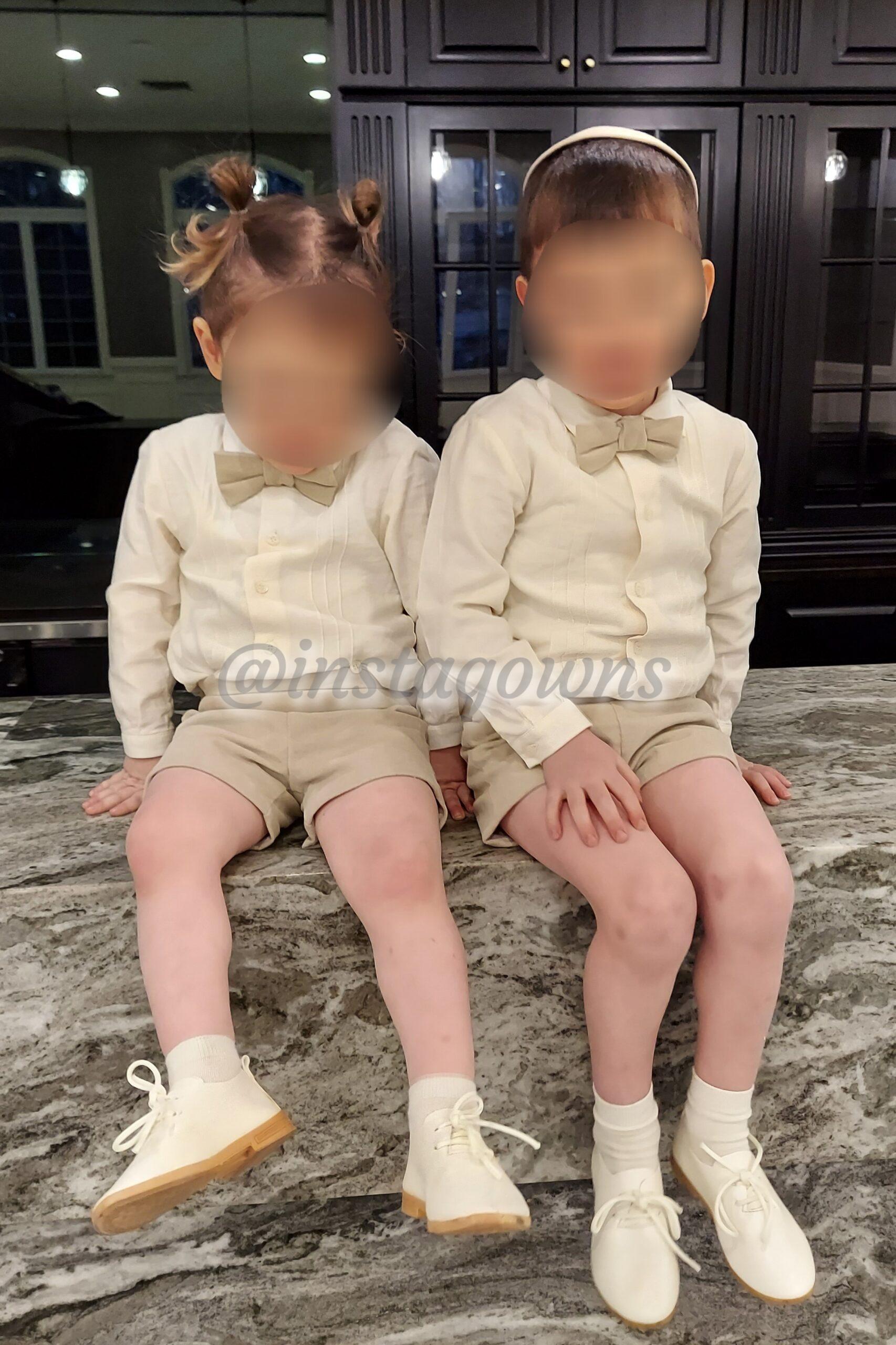 Boys Ivory shirts with velour tan shorts wedding outfits for sale