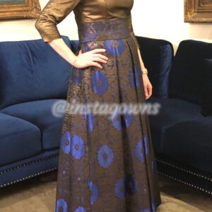 Custom Designer fabric in bronze and cobalt blue Gown for sale