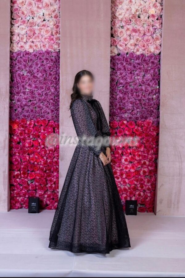 Beautiful custom Zoe Black lace with silver and pink lining Gown for sale