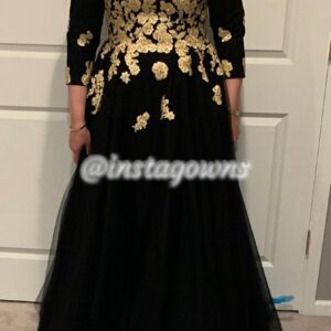Custom made by Powder Couture Brand New Gorgeous Black with Gold embroidery Gown for sale