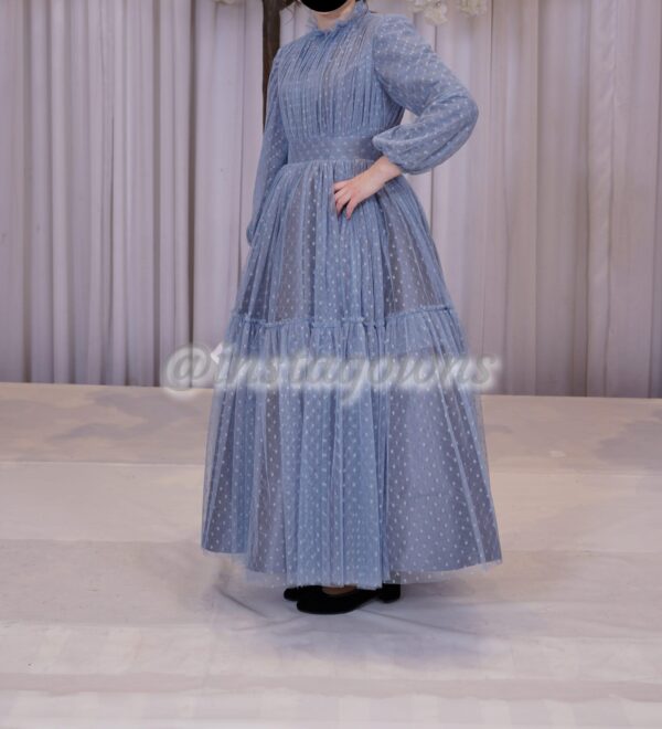 Beautiful Custom Blue Dotted Tulle Gown for sale