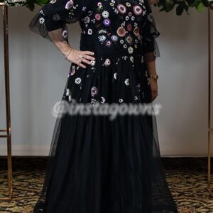 Beautiful custom tulle black with colored floral beading Gown for sale
