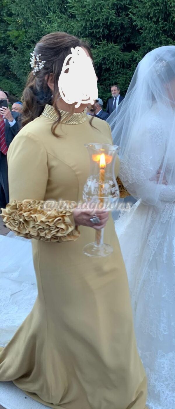 Elegant gold crepe sateen with train and bustle Gown for sale