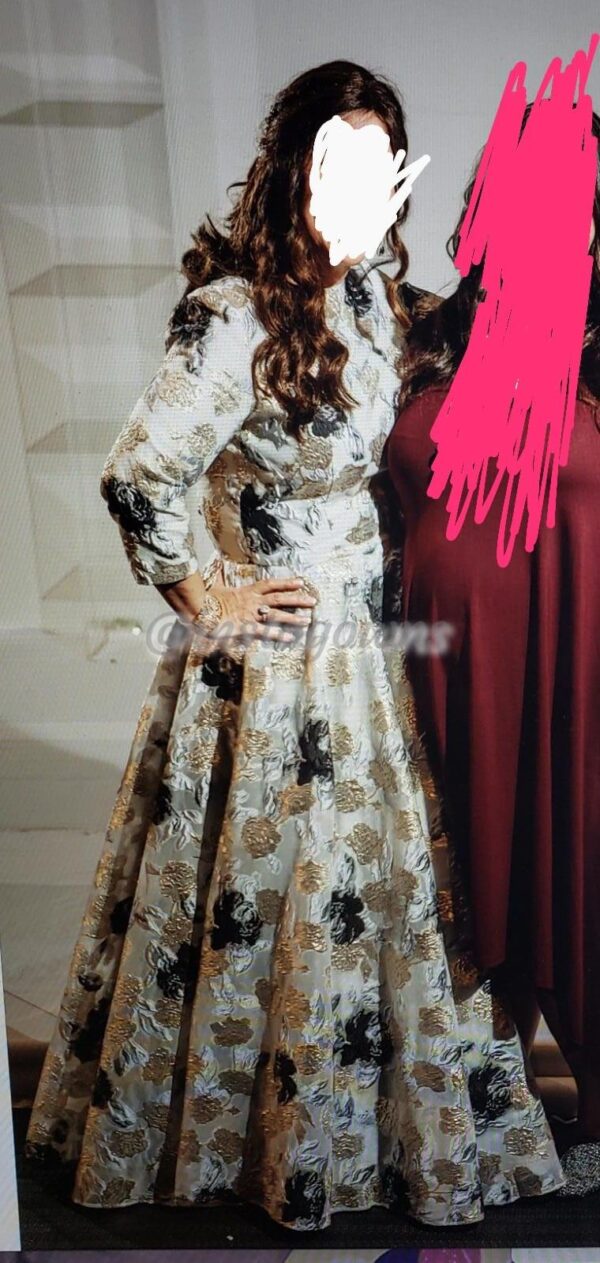 Beautiful powder blue with soft gold and black flowers Mother of the Bride/Groom Gown for Sale