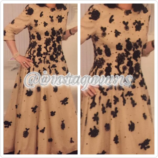Beautiful Delicate Goldy Breuer Gold Champagne with Black Applique Mother of Bride Gown for Sale