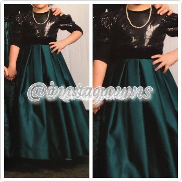 Two Gorgeous Custom made Black Sequin Top with Solid Hunter Green Bottom Girls Gowns for Sale