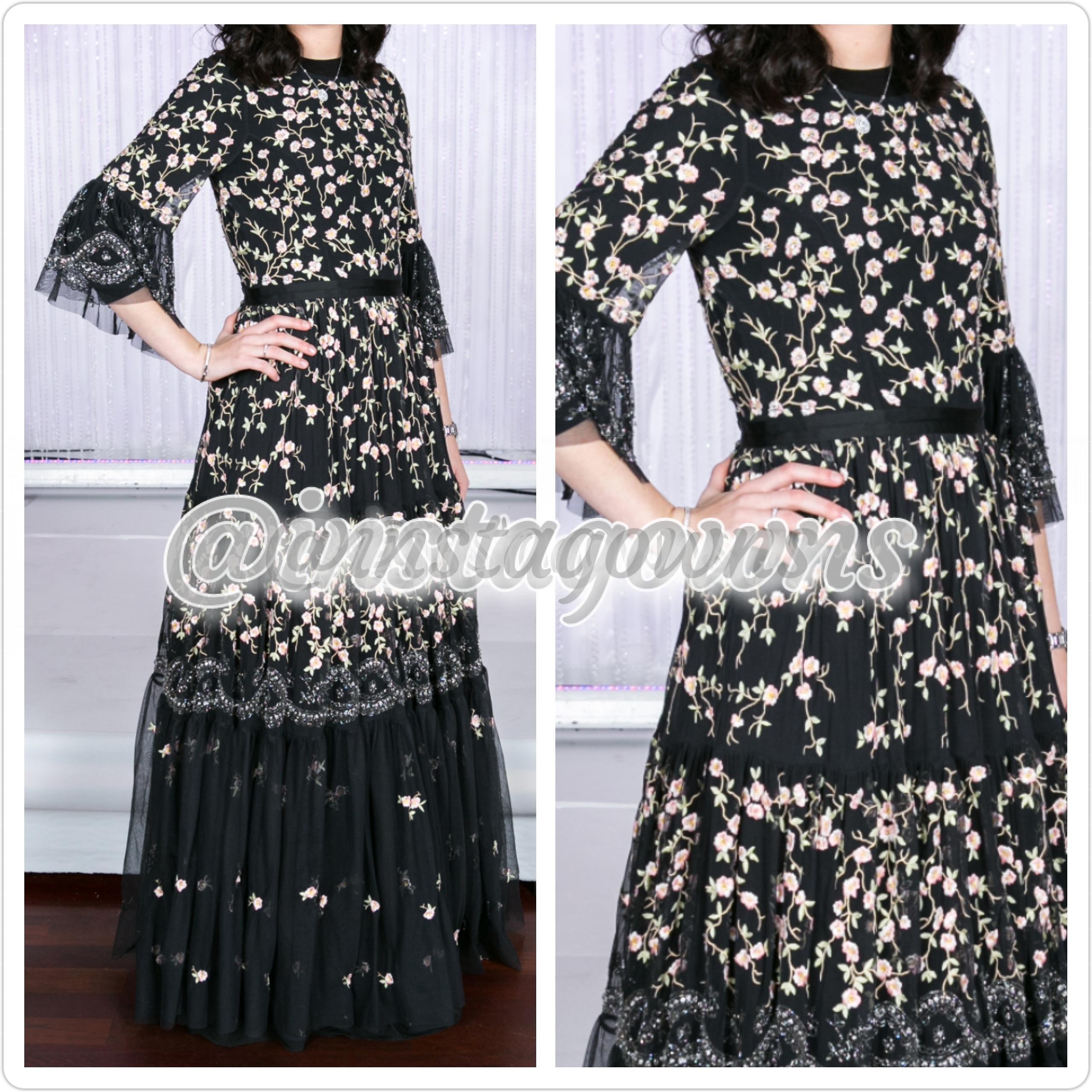 Needle & Thread Embroidered & Embellished with Fluted Sleeves Black & Pink Flowers Gown for Sale