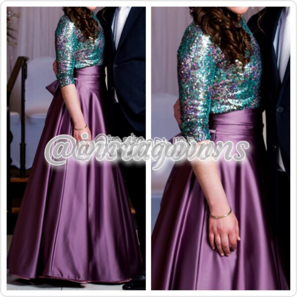 Two Stunning Sequin Turquoise & Purple Satin Skirt with a Sash/Belt Gowns for Rent or Sale