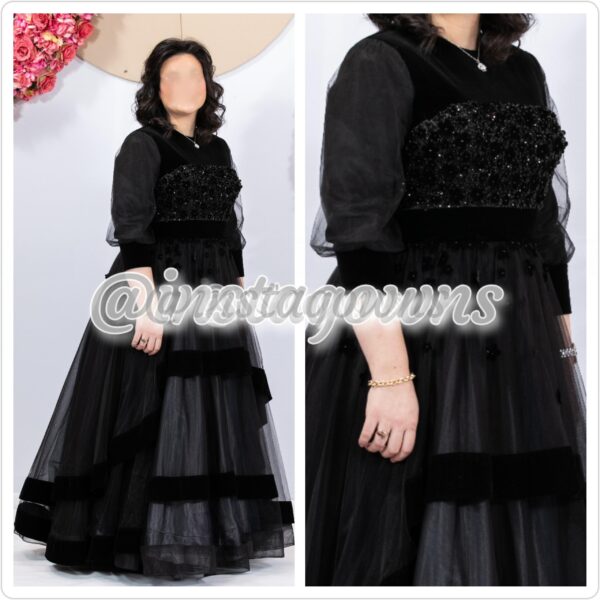 Beautiful Mac Duggal Black Tiered with Velvet Trim & Floral Appliques Gown for Sale