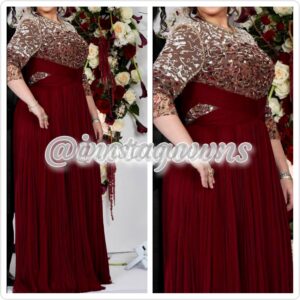 Designer J Mendel Wine Color Beaded Chiffon Gown for Sale