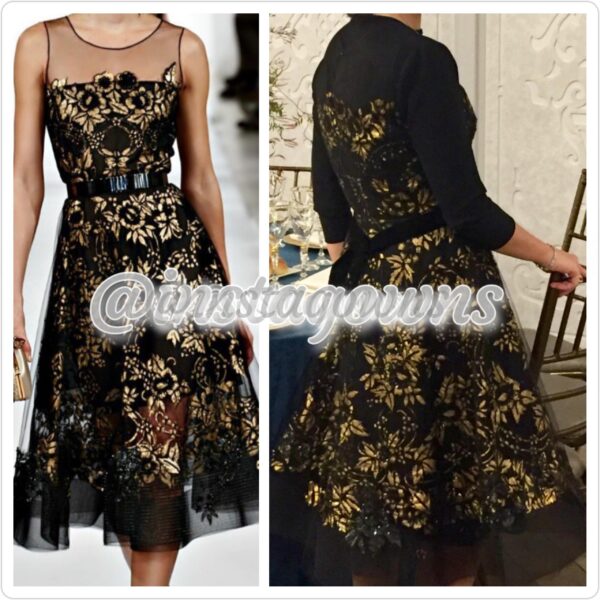 Oscar de la Renta Black & Gold Painted with Beaded Detail Dress for Sale