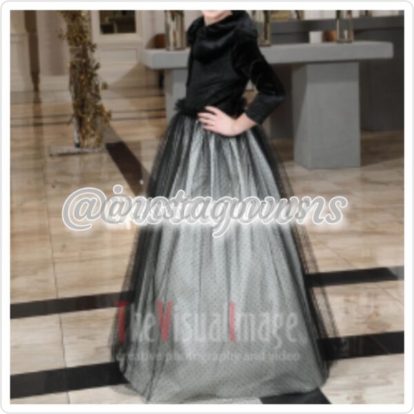 Custom made Velour Top with Fur Collar & Black Dotted Tulle skirt over Cream Girls' Gown for Sale