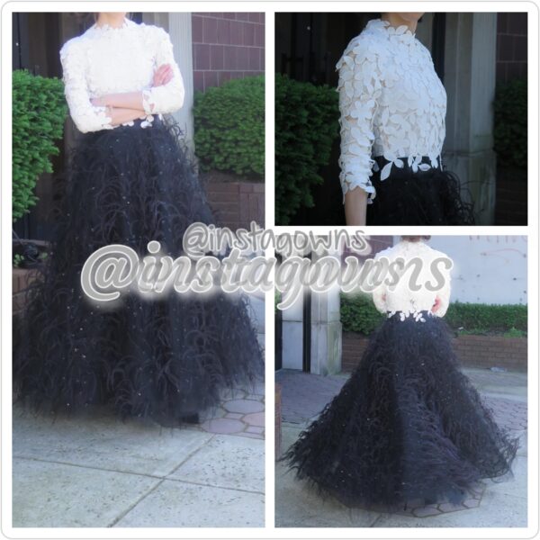 Magnificent Oscar De La Renta Off White Lace Top Black Tulle Bottom with a lot of Feathers on it Gown for Sale