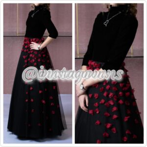 Custom made Velour Top & Tulle Bottom Black & Red Gown for Sale