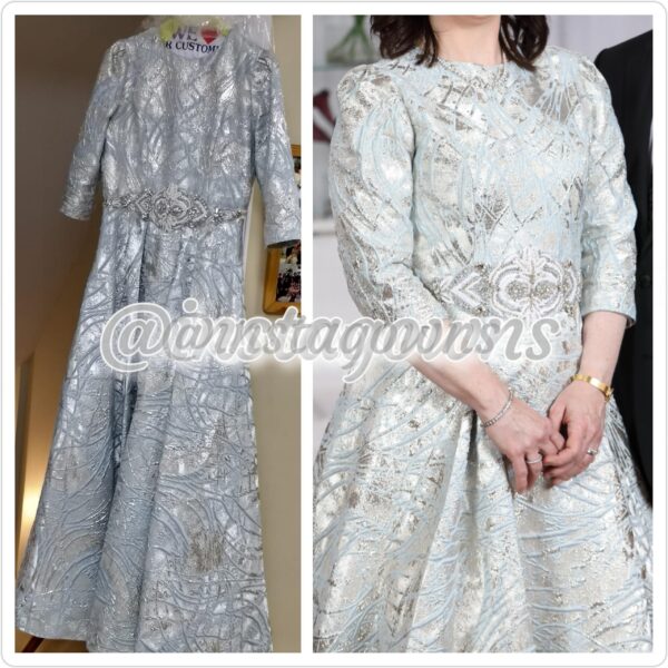Custom Silvery Light Blue Brocade with Beaded Waist Detail Mother of Bride Gown for Rent