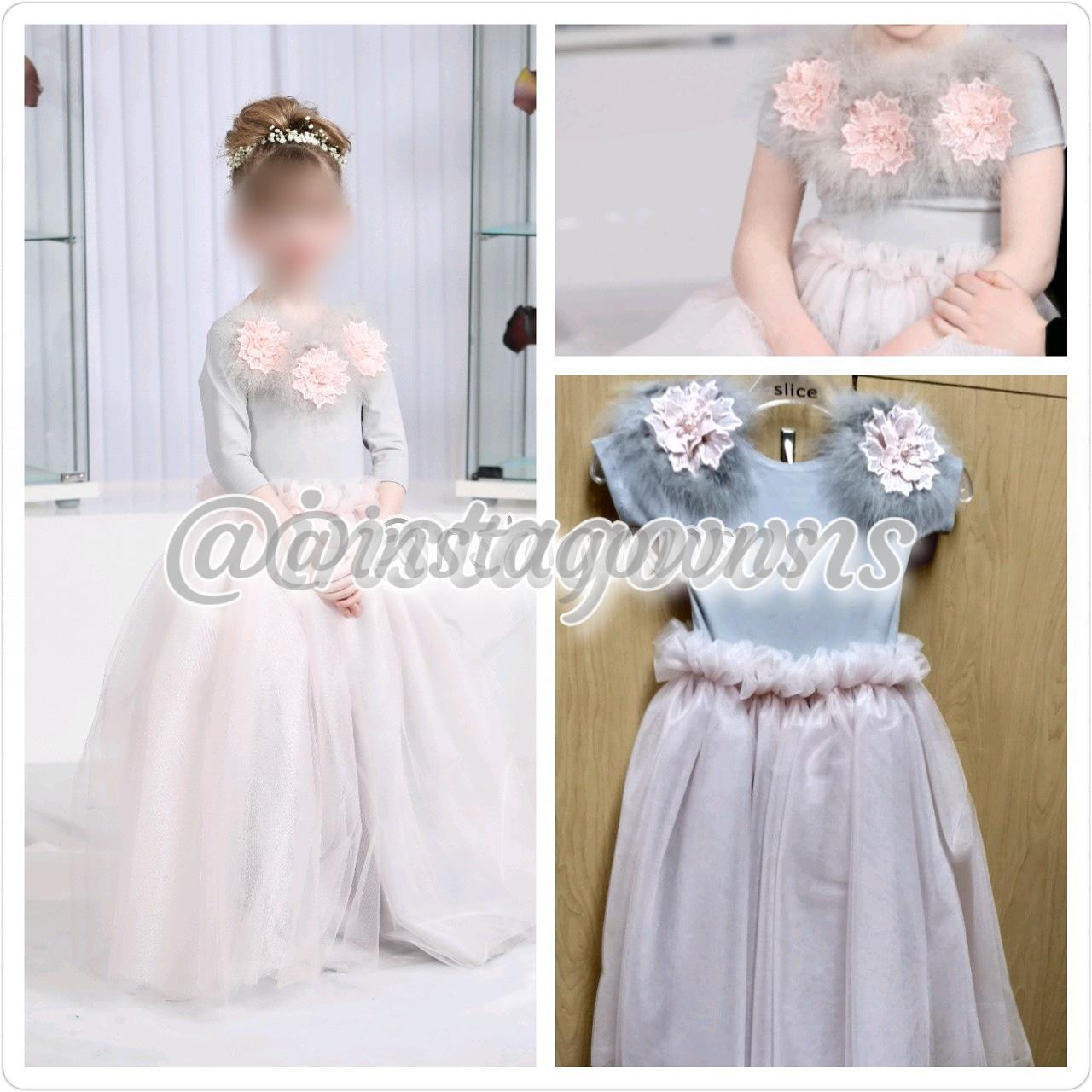 Two Custom Light Gray & Pink Tulle Kids Gowns for Sale
