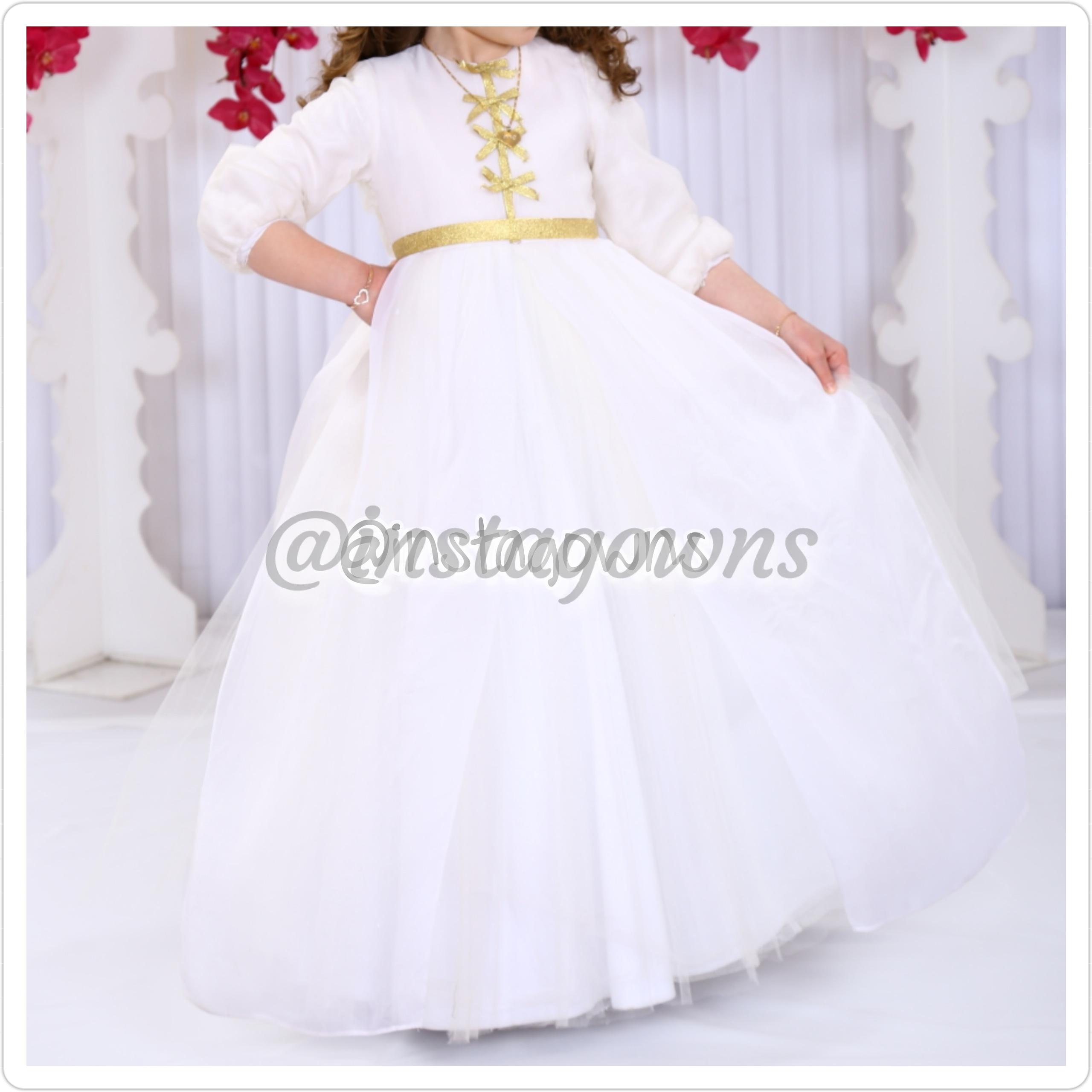 Custom Stunning White with Gold Ribbon Belt & Bows Girls Gown for Sale Instagowns