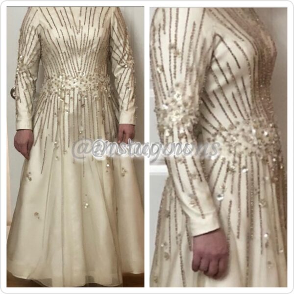 Gitty Porges Stunning Custom made Beige/Taupe Beaded Organza Cocktail Length Gown for Sale