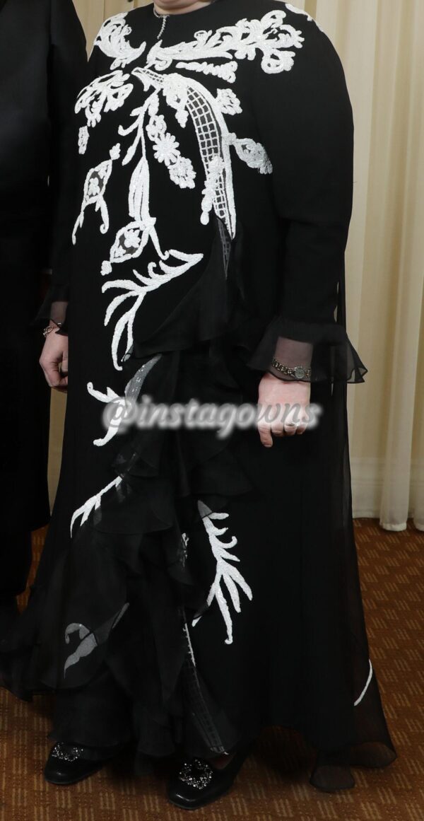 Stunning One of a Kind Black with White Sequin Trim with Back Train Mother of Bride Gown for Rent