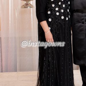 Custom Designer Black Beaded with White Flower Appliques Gown for Sale