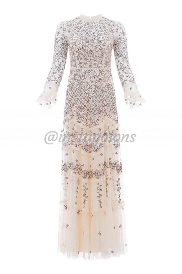 Inspired by Victorian lace, Marigold Rose Gown in Champagne/Monochrome signature show-stopping Needle & Thread Gown for Sale