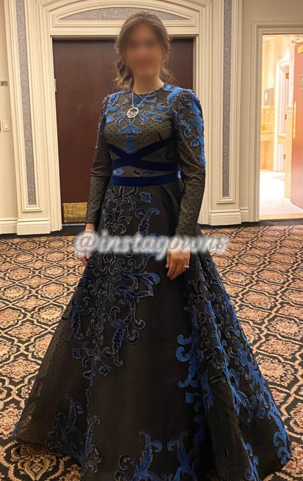 Saiid Kobeisy Designer Blue Velvet on Black Swiss Dot Gown for Sale