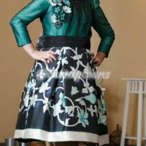 Elegant Custom Green Top with Flowers & Multi color Black Background Bottom with Bow in the back Dress for Sale