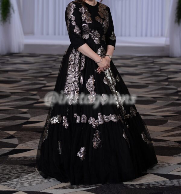 Black tulle silk/silver embossed floral designer Gown for sale