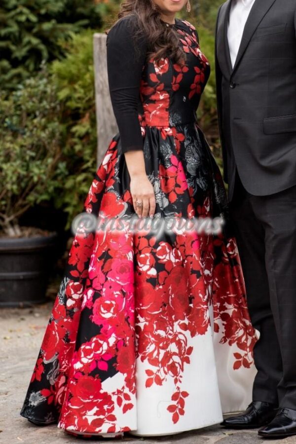 Pink Label Semi Custom Black & White with Red Flowers & Hand Painted Applique at Shoulder Gown for Sale