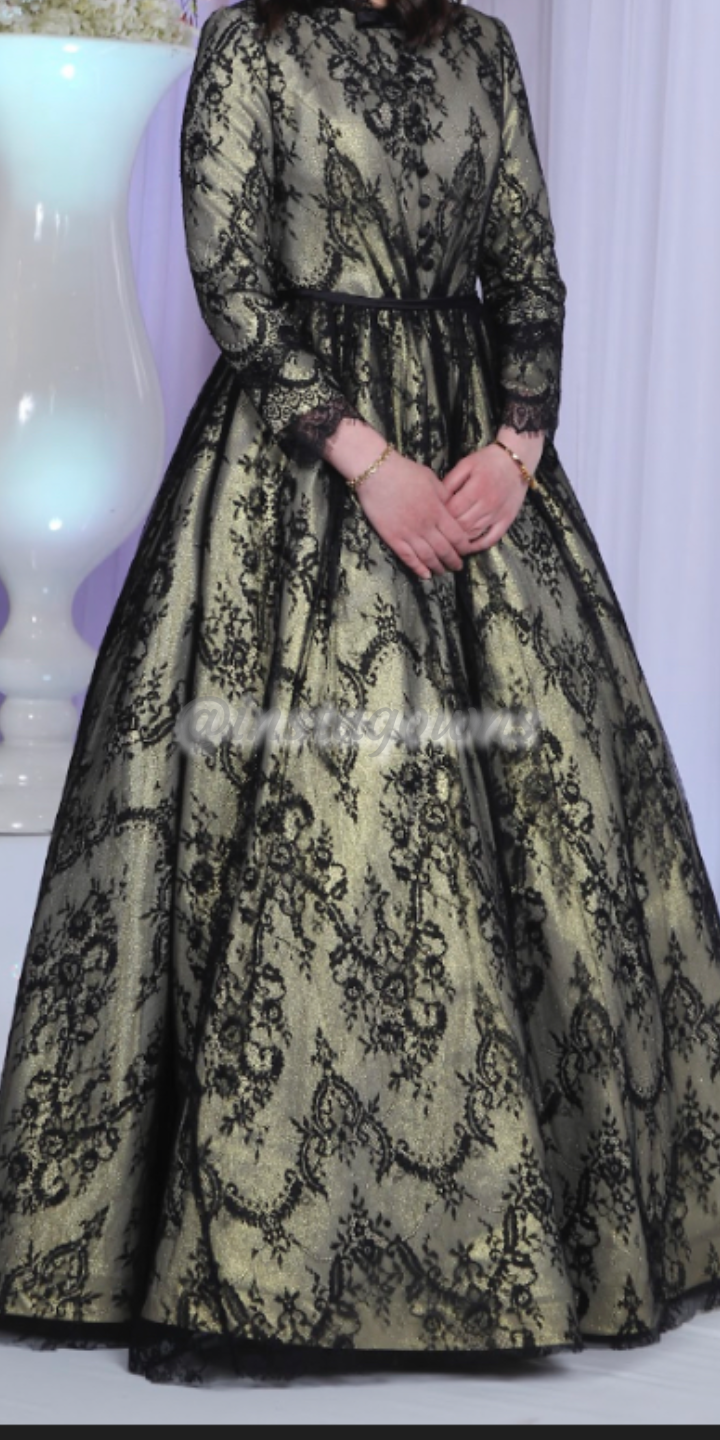 Silver sequins black and gold victorian style lace Gown for sale