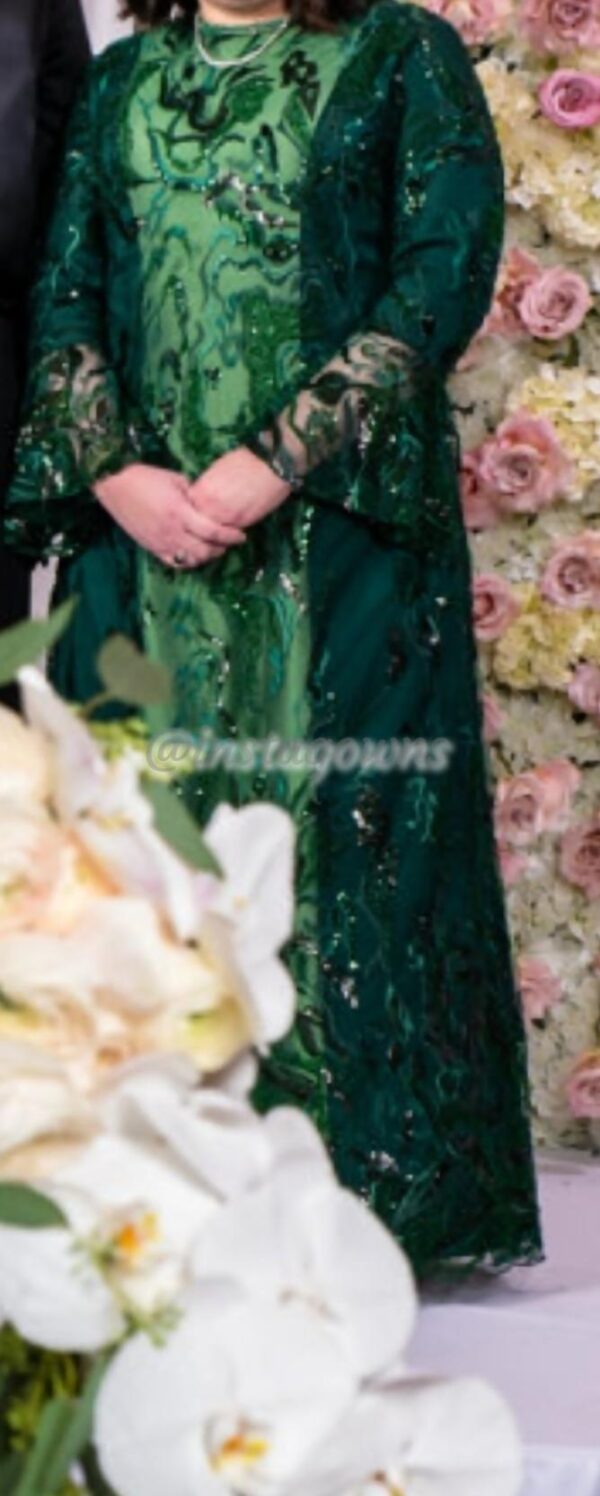 Striking Custom made Green Beaded Lace Gown for Sale