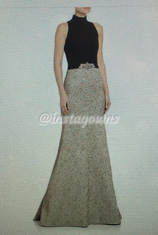 Theia Crepe Brocade Black and Gold Evening Gown for Sale