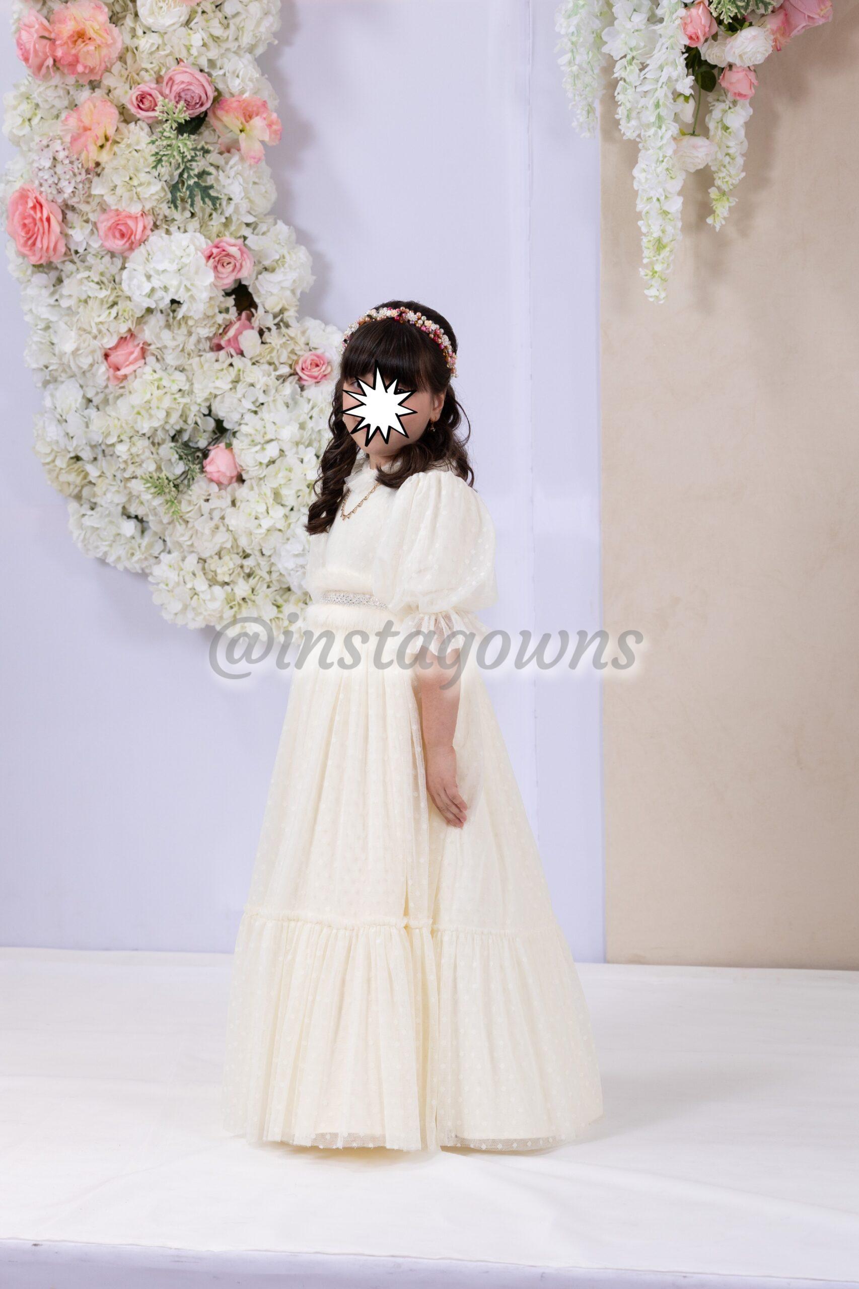 Adorable Little Girls Custom sewn Ivory with fur applique Gown For Sale