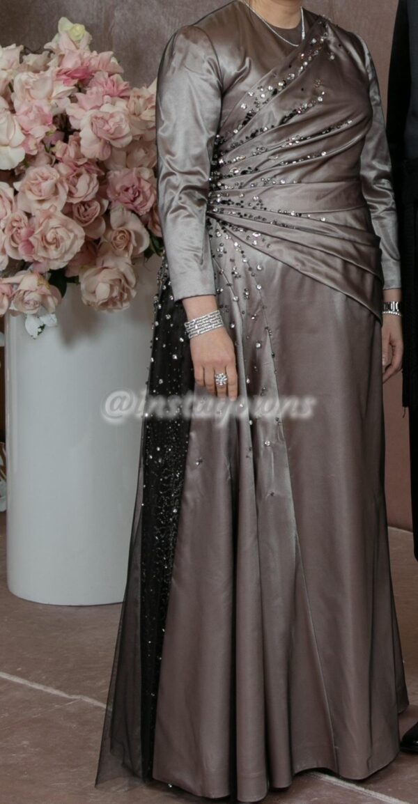 Stunning Custom made Taupe with handmade Swarovski Beading Gown for sale