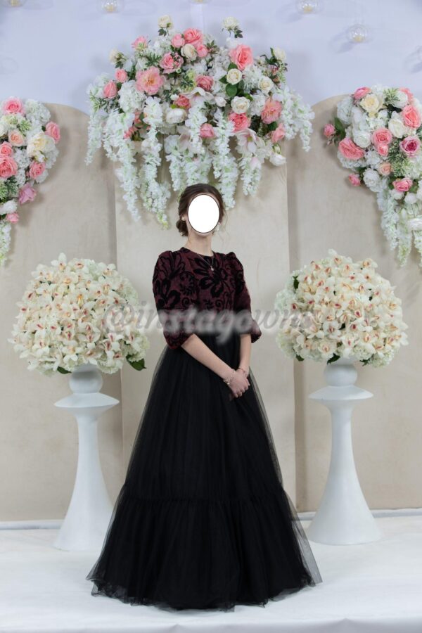 Custom Black and Burgundy Cut Velvet Gown for sale or rent