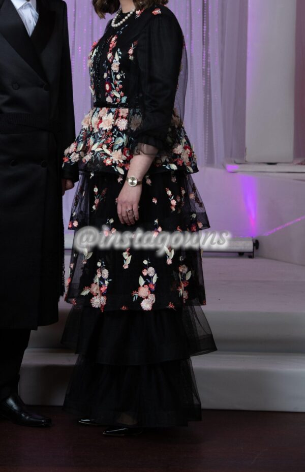 Stunning Black with appliqued colored flowers Gown for Sale