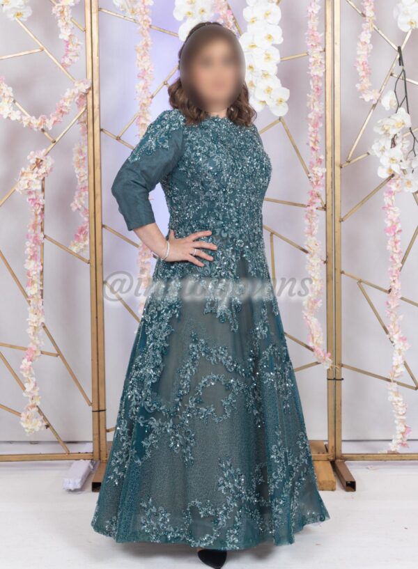 Beautiful customized emerald/blue lace Gown for sale
