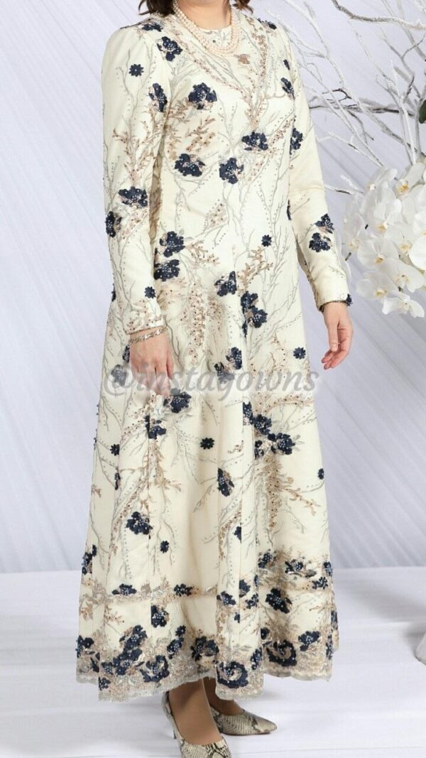Mother of the bride off white satin with gold embroidery and navy blue beading overlay custom Gown for sale