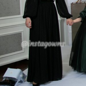 Black chiffon with green & black velvet belt Gown for Sale