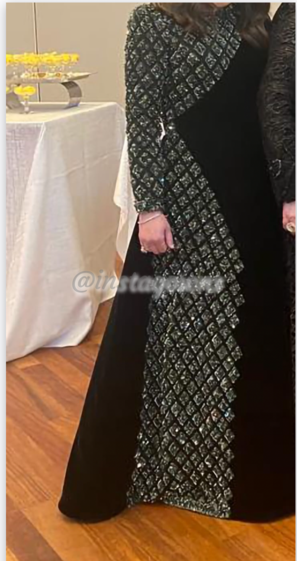 Mother of the bride custom high end black velvet/green beaded Gown for sale