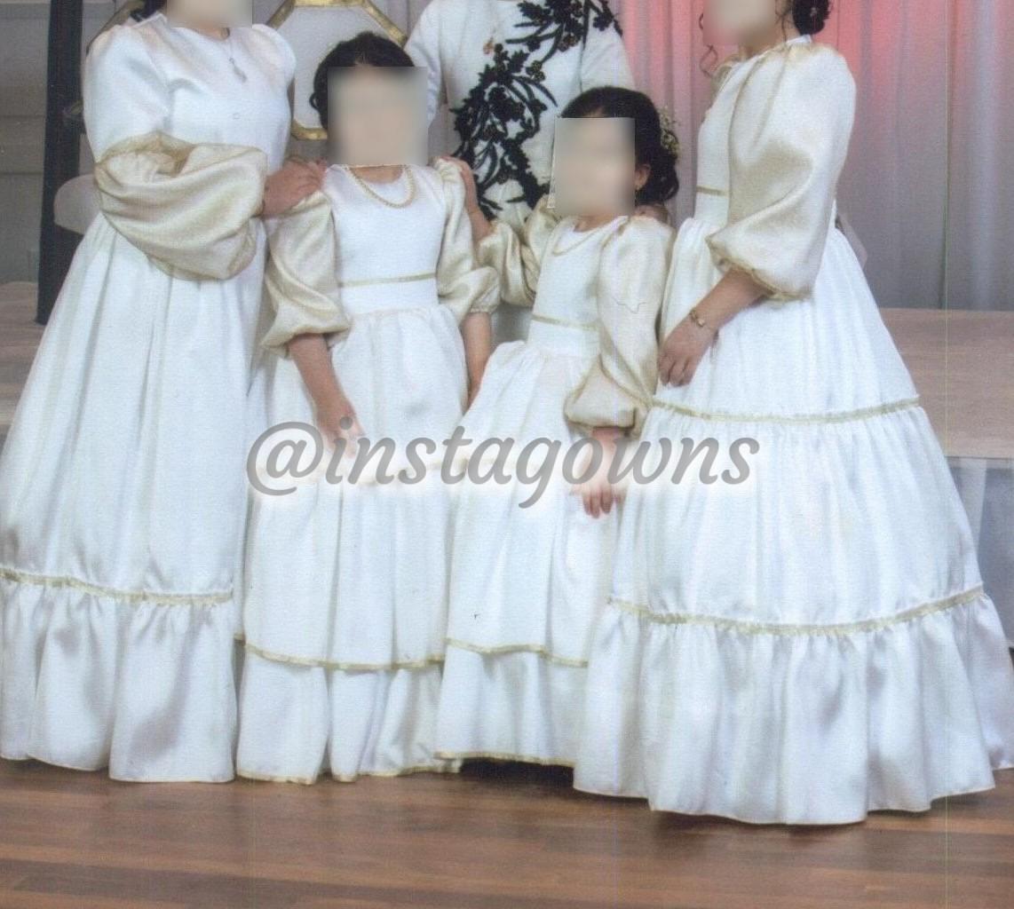 Four Girls Coordinating Preteen & Children's White and Gold Gowns for Rent or Sale