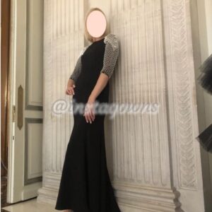 NWT Gabrielle Pearled Sleeve Black Mermaid Gown for sale