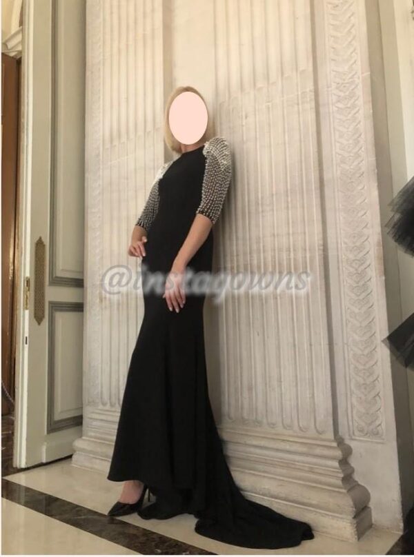 NWT Gabrielle Pearled Sleeve Black Mermaid Gown for sale