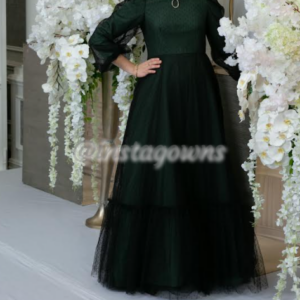 Green lined with black tulle overlay & floral sequins embroidered collar Gown for Sale
