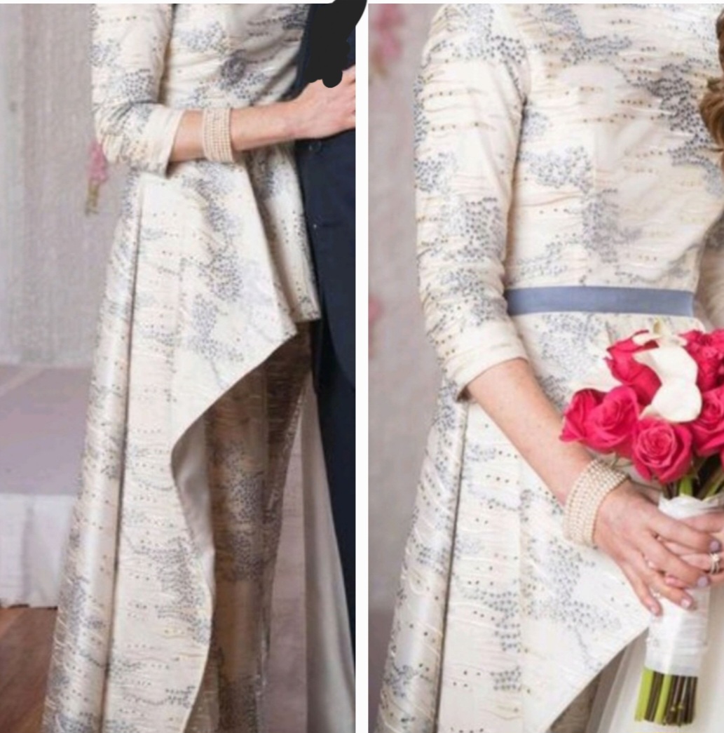 Elegant Ivory with Gold and Slate Blue embroidery Gown for Sale